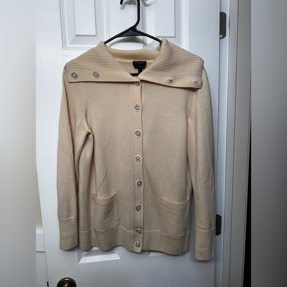 Cream Button-Up 100% merino wool Talbots Women's size L Sweater